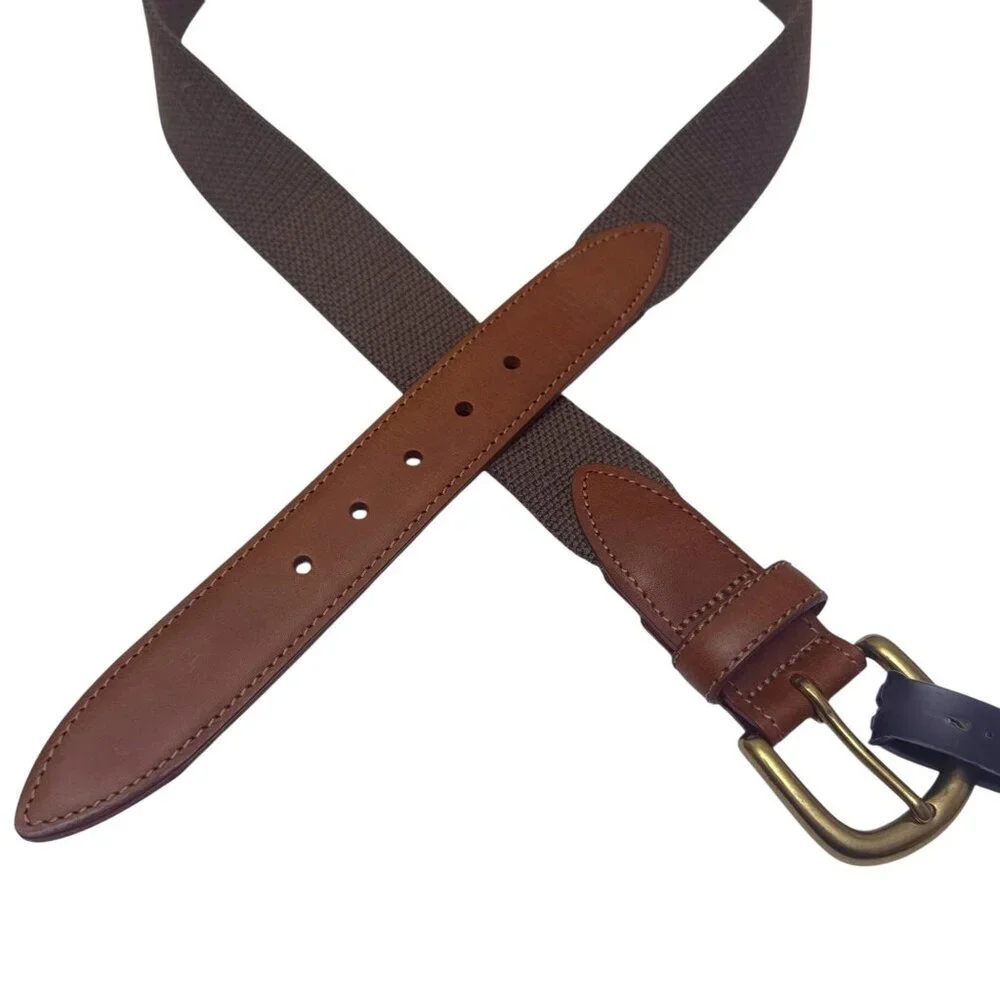 EAST ISLAND Saddle Leather Web Belt Mens Size 34 Brown Olive Green NWT